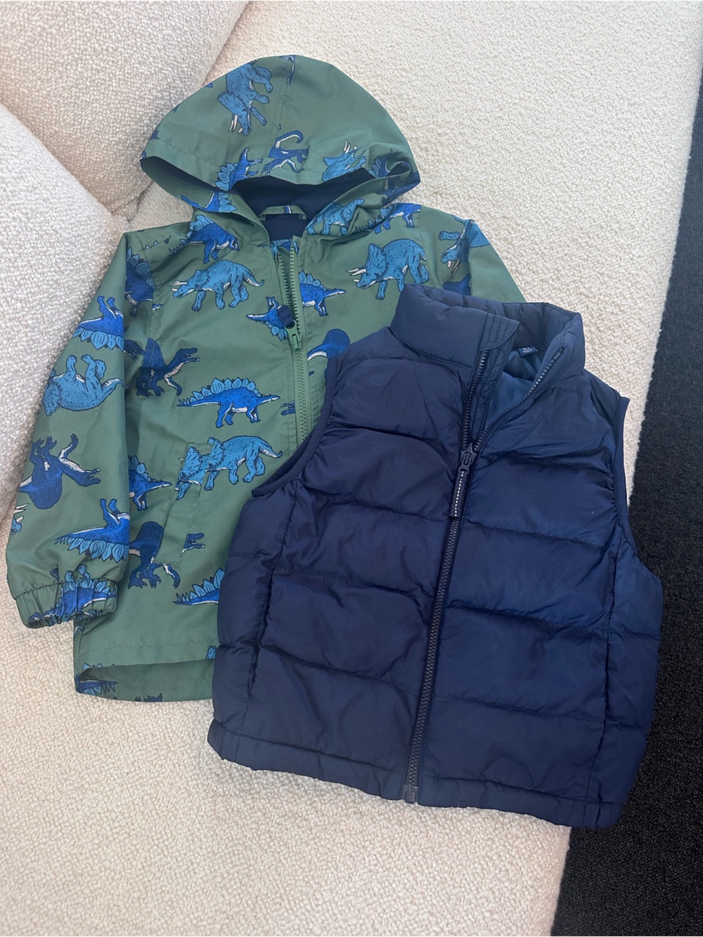 Uniqlo Navy Puffer Vest & Green Dino Hoodie Set